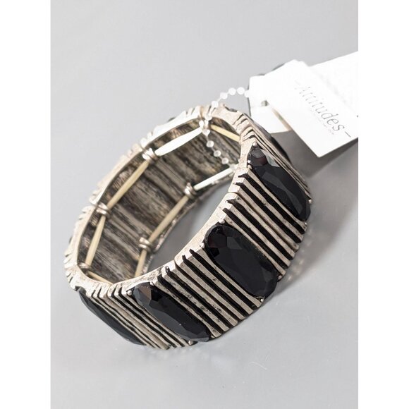 Attitudes Black Glass Bracelet Industrial Modernist Silver Tone Stretch 6.5" - Picture 2 of 9